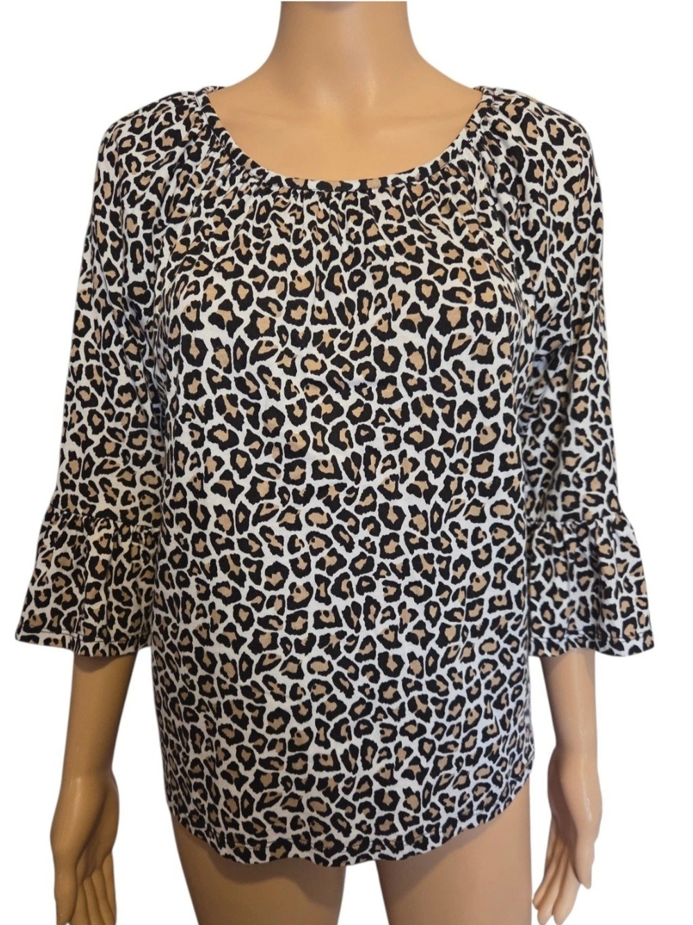 Michael Kors Leopard Print Blouse in Black, White & Tan.  3/4 Sleeves.  Size S